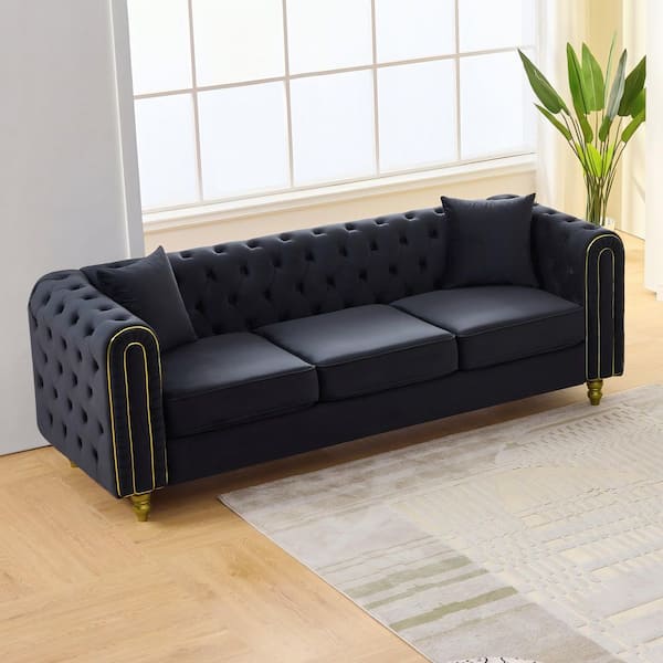 Warwick 86 in. W Rectangle Rolled Arm Velvet Tufted 3-Seater Sofa with Gold Metal Legs in Black
