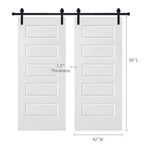 Double Modern 5-Panel 42 in. x 80 in. MDF White Barn Sliding Door With Hardware kit
