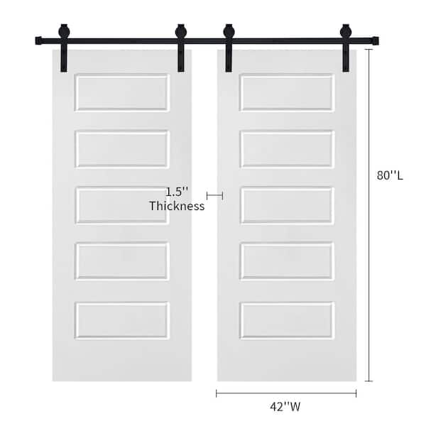 Double Modern 5-Panel 42 in. x 80 in. MDF White Barn Sliding Door With Hardware kit