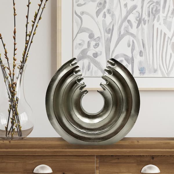 castellousa Silver 16 in. x 15 in. Aluminum Abstract Round Ring Shaped Metal Flower Vase