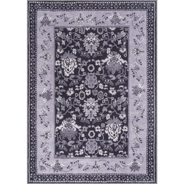 Beverly Rug Black 2 ft. x 3 ft. Stain Free Floral Machine Washable Indoor Area Rug