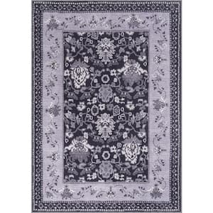 Black 5 ft. x 7 ft. Stain Free Floral Washable Indoor Area Rug