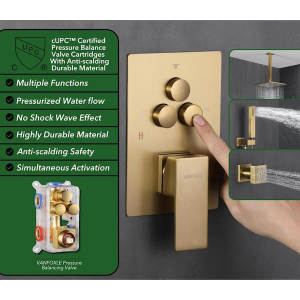 Single Handle 5-Spray Shower Faucet 1.8 GPM 10 in. Square Wall Mounted with Pressure Balance in. Brushed Gold with 4-Jet