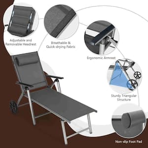 2-Piece Folding Chaise Lounge Chair Aluminum Recliner Back Adjust Wheels