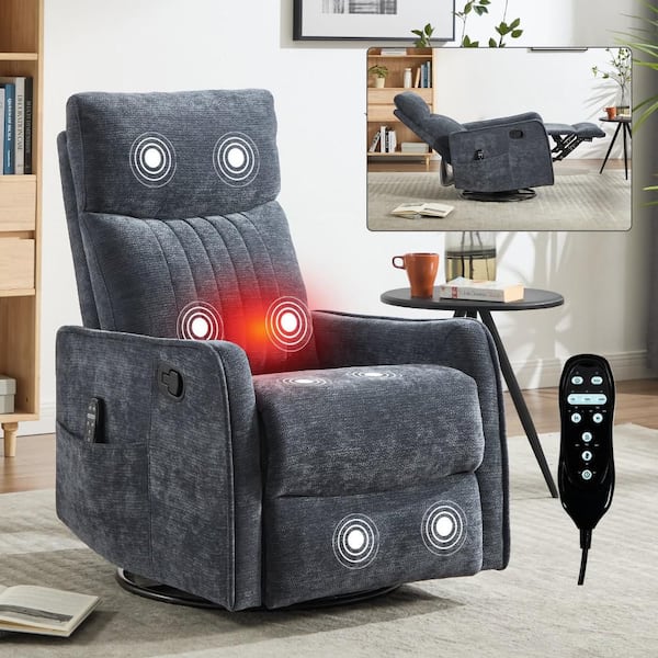 Blue Heat Massage Manual Recliner Chair with Rocker and Swivel in Fabric for Living Room