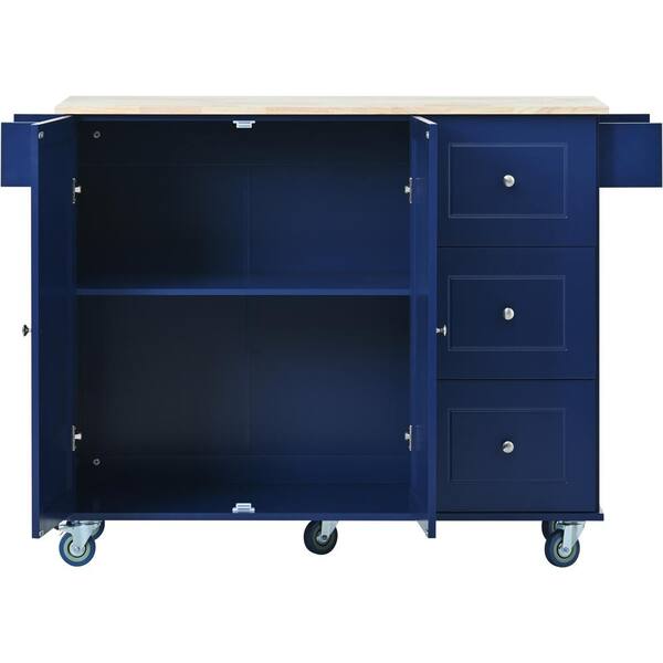 Dark Blue Solid Wood Top 19.88 in. W Kitchen Island With Locking Wheels &  Storage Cabinet Drawers