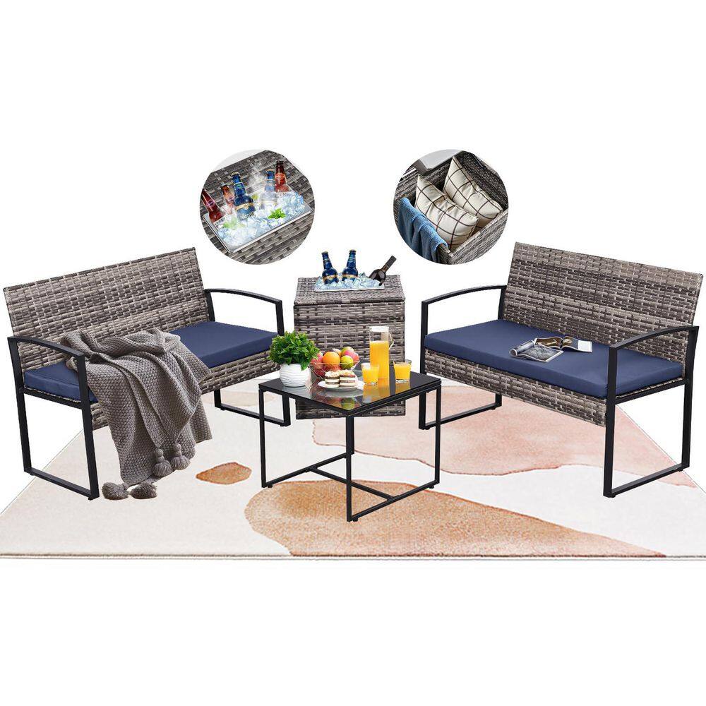4-Piece Gray Wicker Outdoor Sectional Set with Blue Cushions price history on PriceWatchPro