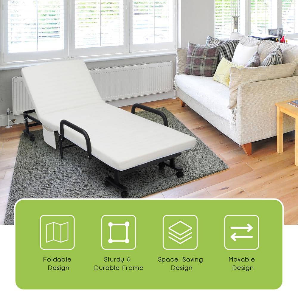 White Twin Folding Metal Frame Bed with Upholstered Mattress and Drawer