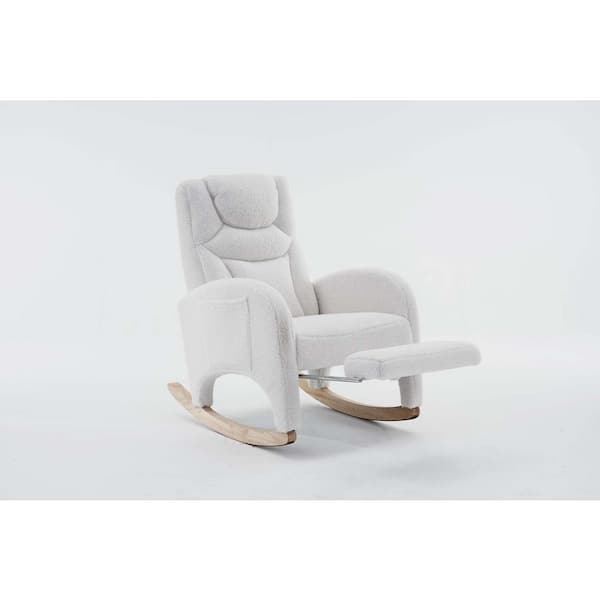 wetiny Ivory Teddy Linen Fabric Nursery Rocking Chair with Adjustable Footrest