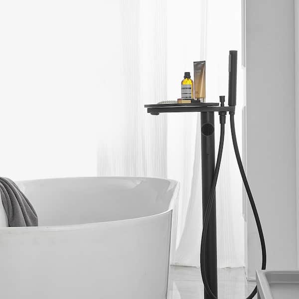 1-Handle Freestanding Floor Mount Roman Tub Faucet Bathtub Filler With Hand Shower and Storage Tray In Matte Black