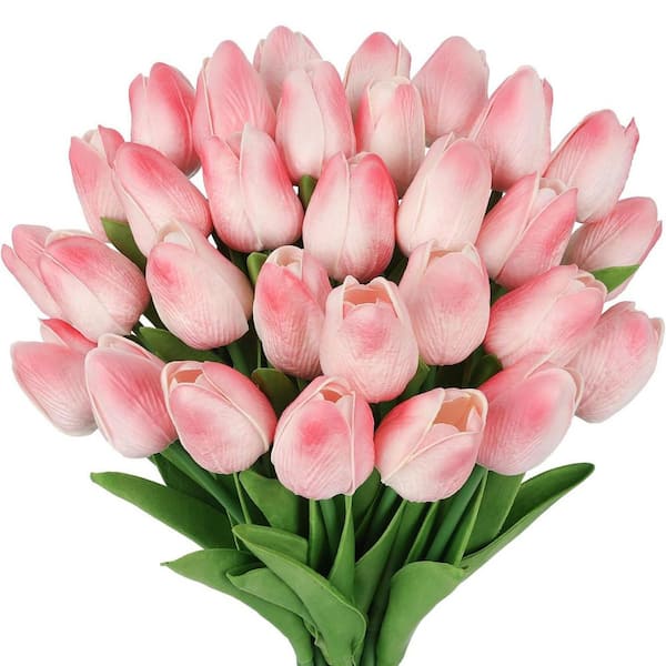 13.7 in. Pink Indoor Artificial Tulip Flower, Peach Pink, 30-Pieces