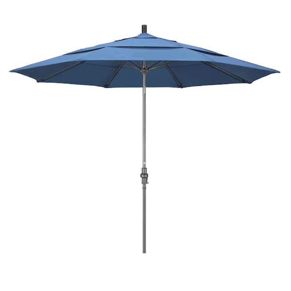 California Umbrella 11 ft. Hammertone Grey Aluminum Market Patio Umbrella with Collar Tilt Crank Lift in Frost Blue Olefin