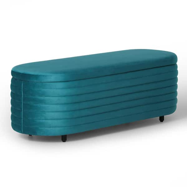 WESTINFURNITURE Farrah 54 in. Wide Oval Velvet Upholstered Entryway Flip Top Storage Bedroom Accent Bench in Teal