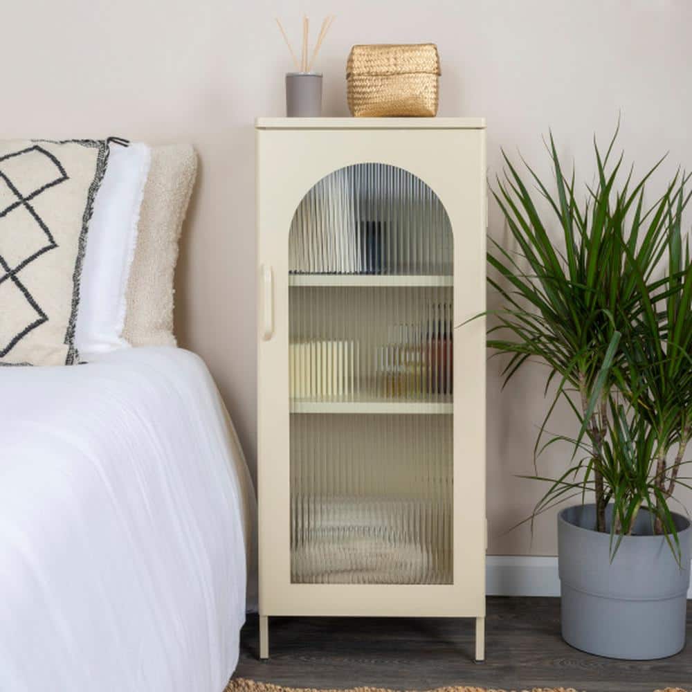 Cream Metal Accent Cabinet with Arched Glass Door and Adjustable Shelves