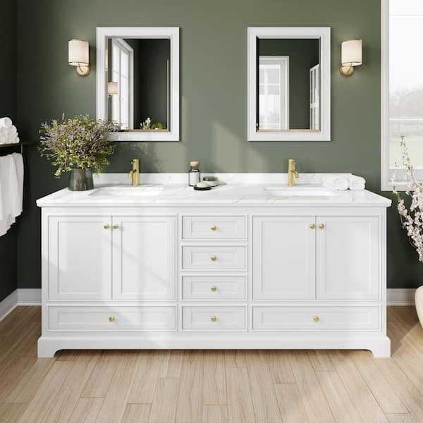 Wyndham Collection Deborah 80 in. W x 22 in. D x 35 in. H Double Bath Vanity in White with Giotto Quartz Top and 24 in. Mirrors