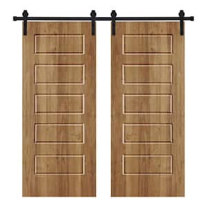 Modern 5 Panel Designed 60 in. x 84 in. Wood Panel Brair Smoke Painted Double Sliding Barn Door with Hardware Kit