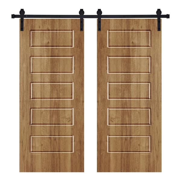 AIOPOP HOME Modern 5 Panel Designed 64 in. x 80 in. Wood Panel Brair Smoke Painted Double Sliding Barn Door with Hardware Kit
