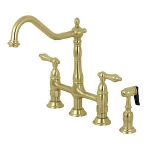 Heritage 2-Handle Bridge Kitchen Faucet with Brass Sprayer in Brushed Brass