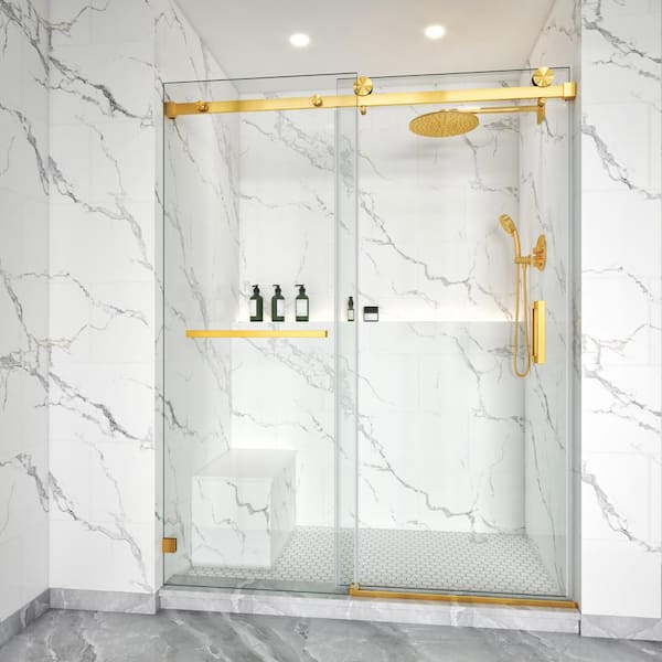 44-48 in. W x 76 in. H Single Sliding Frameless Shower Door Brushed Gold 3/8 in. Clear Glass with Towel Bar