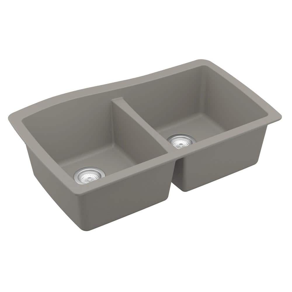 Concrete Gray Double Bowl Farmhouse Quartz Kitchen Sink Kit
