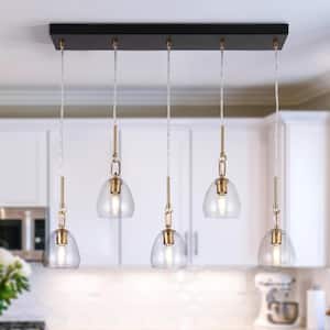 Modern 5-Light Black and Brass Linear Chandelier for Kitchen Island with Bell Glass Shades and No Bulbs Included