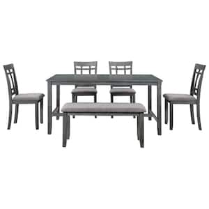 Gray 6-Piece Wood Standard Height Rustic Style Table Outdoor Dining Set Chairs and Bench with Comfortable Cushion