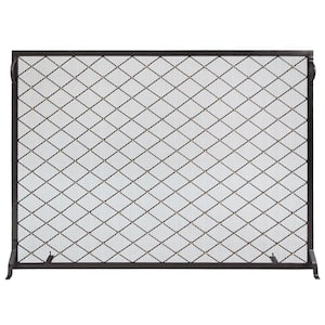 38 in. L Black and Brass 1-Panel Harlequin Flat Fireplace Screen with Diamond Pattern