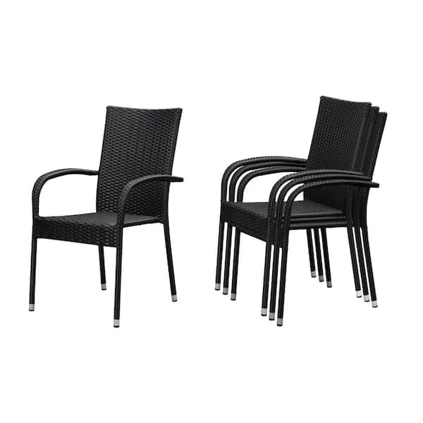 BALKENE HOME Morgan Stacking Resin Wicker Outdoor Dining Chair in Black (4-Pack)