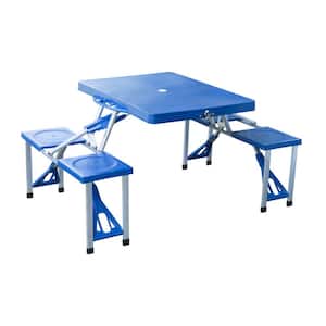 4-Person Plastic Portable Compact Folding Suitcase Picnic Table Set with Umbrella Hole and Simple Setup Blue