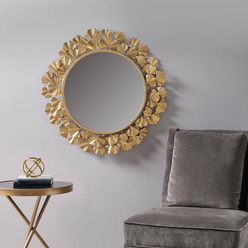 Luxurious Eden Gold Ginkgo Leaf Round Wood Wall Mirror 31"