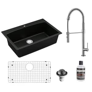 QT-712 Quartz 33 in. Single Bowl Drop-In Kitchen Sink in Black with KKF220 Faucet in Stainless Steel