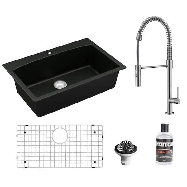 QT-712 Quartz/Granite 33 in. Single Bowl Drop-In Kitchen Sink in Black with KKF220 Faucet in Stainless Steel