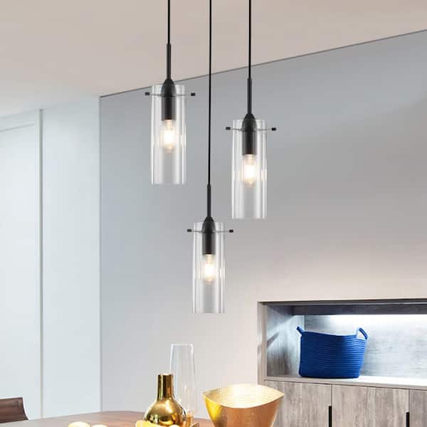 3-Light Black Rustic Pendant Design Hanging Chandelier Lighting with Glass Shade for Kitchen Island
