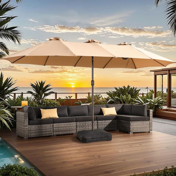 15 ft. Large Rectangle Outdoor Double Sided Market Patio Umbrella in Tan with Base for Poolside Lawn Backyard Garden