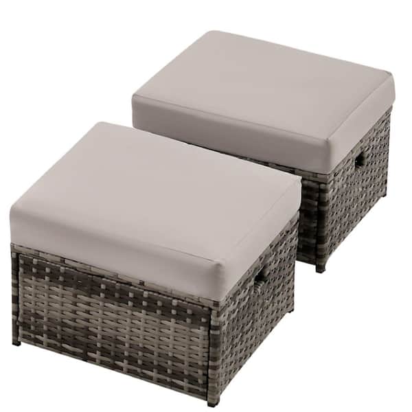 2-Piece Gray Wicker Outdoor Patio Ottoman,Outdoor Dining Chairs with  Gray Cushions