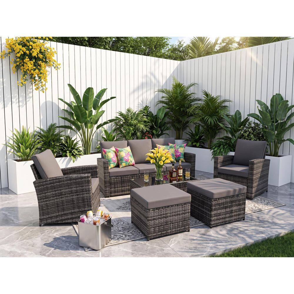 Gray 6-Piece Wicker Outdoor Sectional Set, Patio PE Rattan Furniture Set with Gray Cushions for Porch Backyard Garden price history on PriceWatchPro