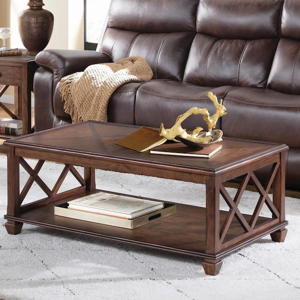 Stockbridge 45 in. Distressed Cherry Large Rectangle Wood Coffee Table with Shelf