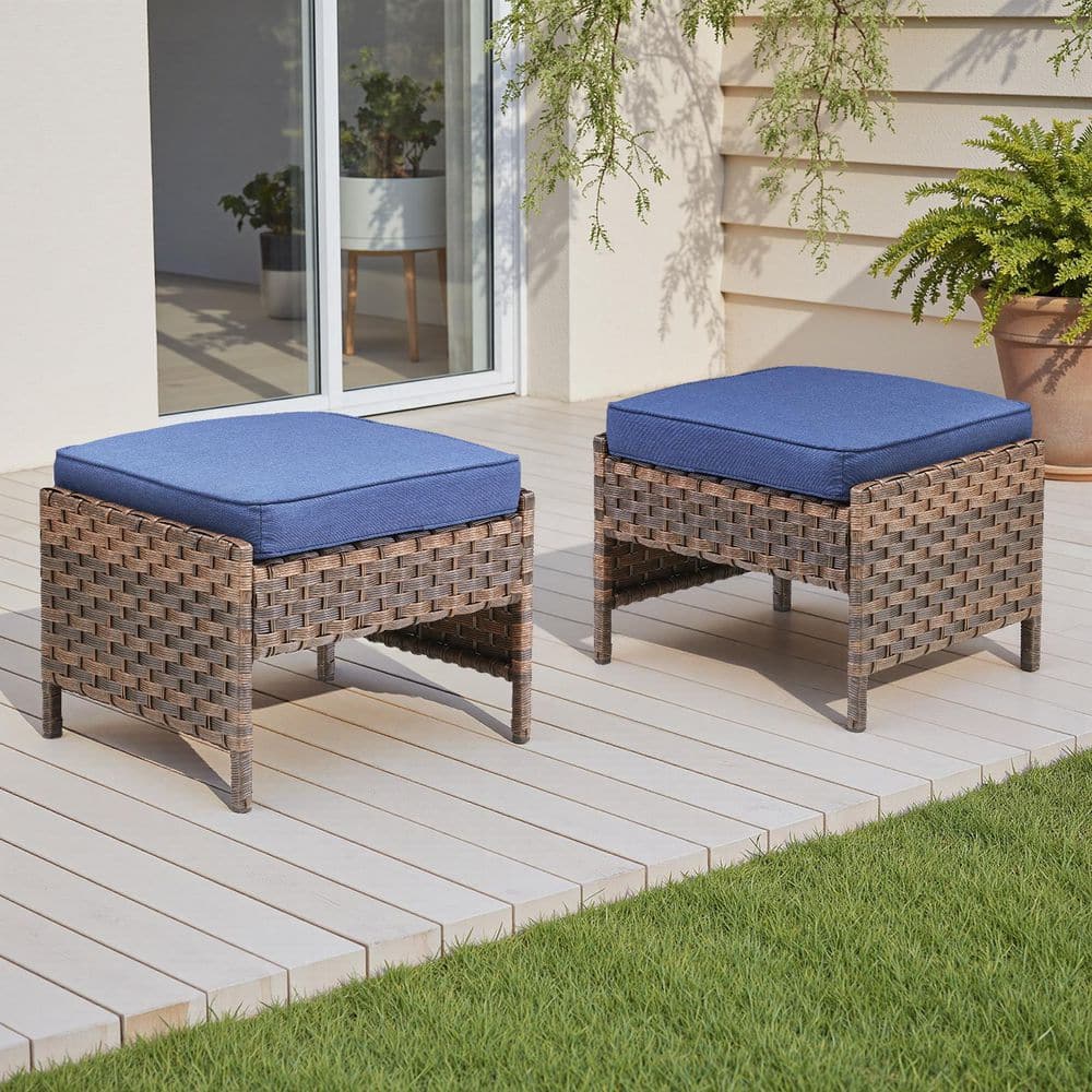 RoundEase Brown Wicker Outdoor Ottoman with Blue Cushions and Edge Support Design (2-Pack) price history on PriceWatchPro