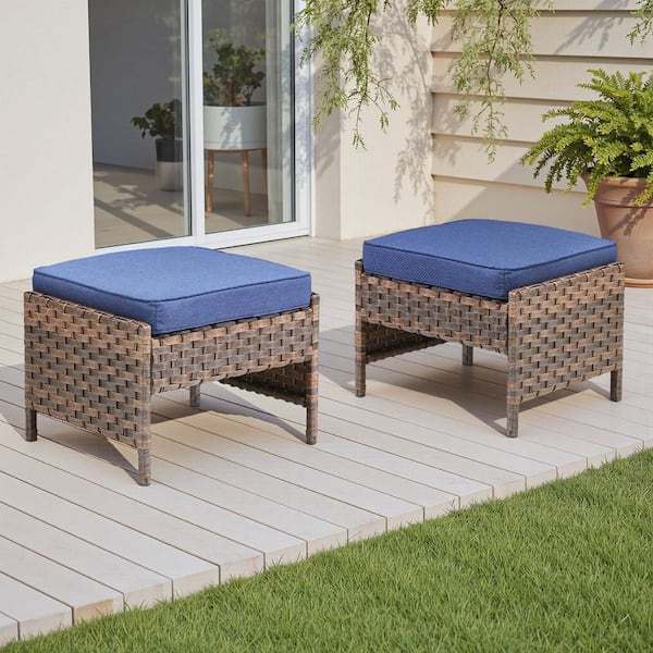 RoundEase Brown Wicker Outdoor Ottoman with Blue Cushions and Edge Support Design (2-Pack)