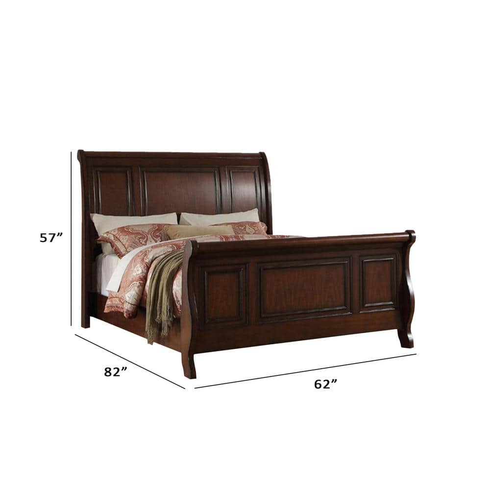 Classic Sleigh Queen Bed Frame in Dark Pine with Upholstered Headboard