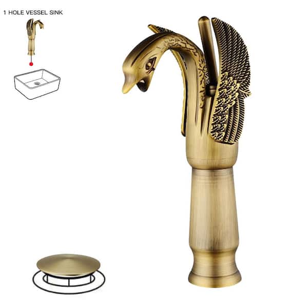 BWE Swan Single Hole Single Handle Bathroom Vessel Sink Faucet With Pop Up Drain in Antique Brass