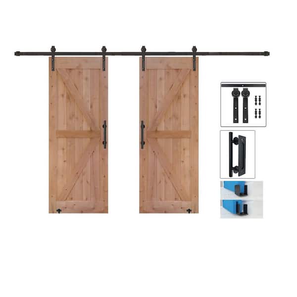 LUBANN Double 36 in. x 84 in. Biparting Solid Core Clear Gloss Finished Alder Wood Sliding Barn Doors with Hardware Kit