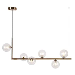 REVERSO 6-Light Brass Branch Linear Bubble Modern Chandelier with Globle Clear Glass Shades for Dining Room Kitchen