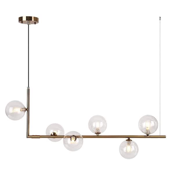 HUOKU REVERSO 6-Light Brass Branch Linear Bubble Modern Chandelier with Globle Clear Glass Shades for Dining Room Kitchen