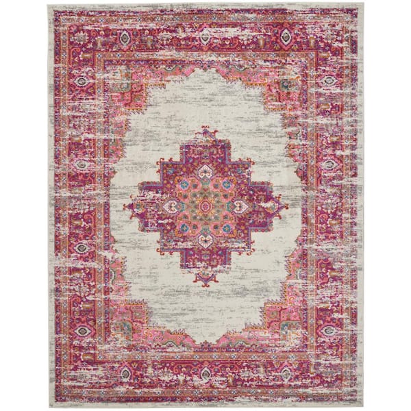 Nourison Passion Ivory/Fuchsia 8 ft. x 10 ft. Bordered Transitional Area Rug