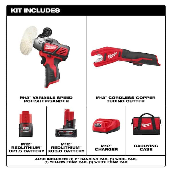 M12 12V Lithium-Ion Cordless Variable Speed Polisher/Sander Kit with Copper Tubing Cutter