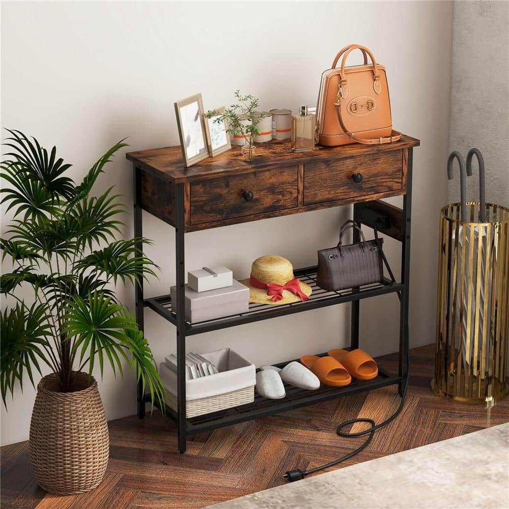 32 in. Rustic Brown Rectangle Wood Top Entryway Table End Table with 2-Drawers Charging Station Narrow Console Table - thumbnail 2