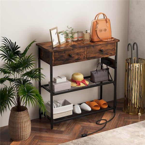 32 in. Rustic Brown Rectangle Wood Top Entryway Table End Table with 2-Drawers Charging Station Narrow Console Table