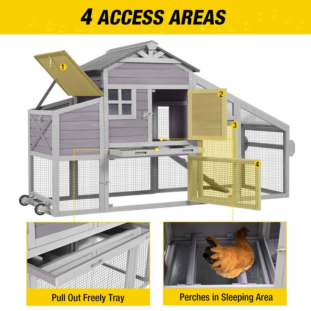Gray Wooden Mobile Chicken Coop with Nesting Box and Wheels