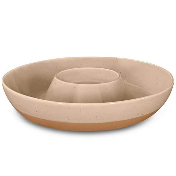 11 in. Brown Ceramic Chip and Dip Tray, Divided Serving Bowl Set for Snacks, Entertaining and Hosting with Modern Design